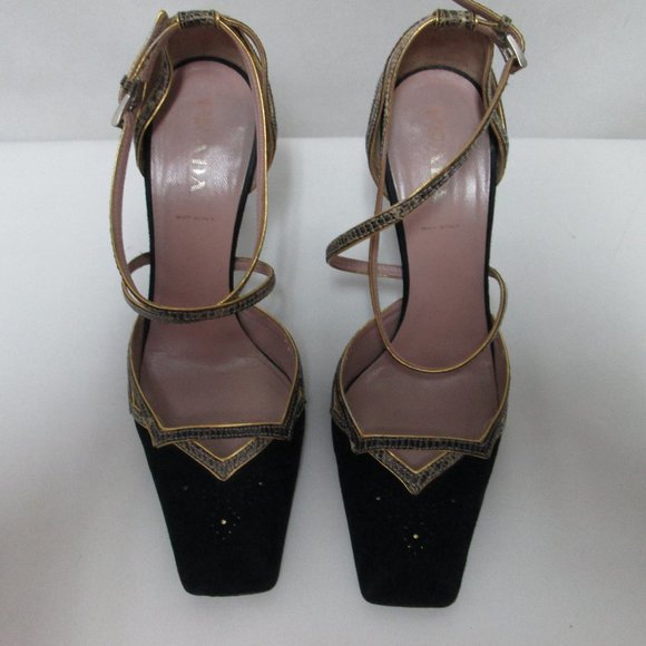 PRADA black Suede w/ Snakeskin square toe heels pumps ITALY buckle Size Sz 38 - Picture 2 of 12